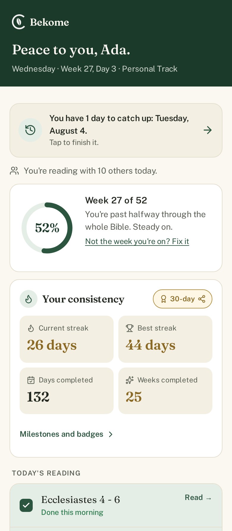 The Bekome Today screen: this week’s reading, a healthy streak and the progress ring